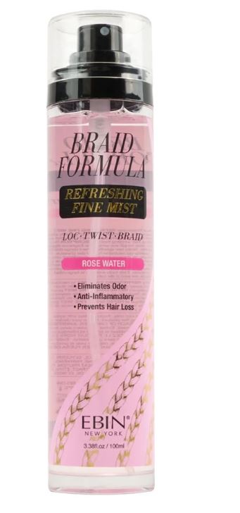 A bottle of EBIN Braid Formula Refreshing Fine Mist with a spray nozzle, in a pink and clear color scheme.